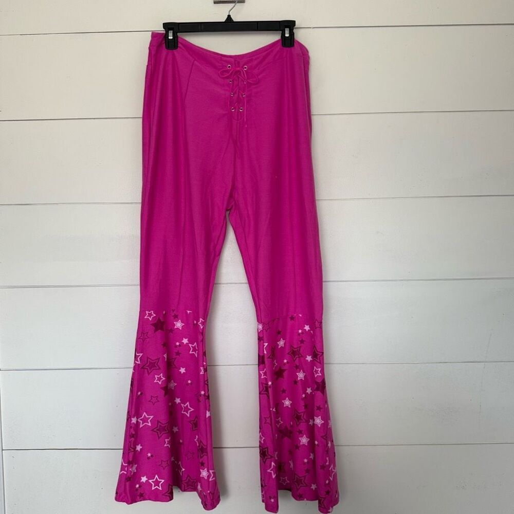 Barbie Women’s Large Pink Lace Up Wide Leg Pants Y2K 2000s Style Flare